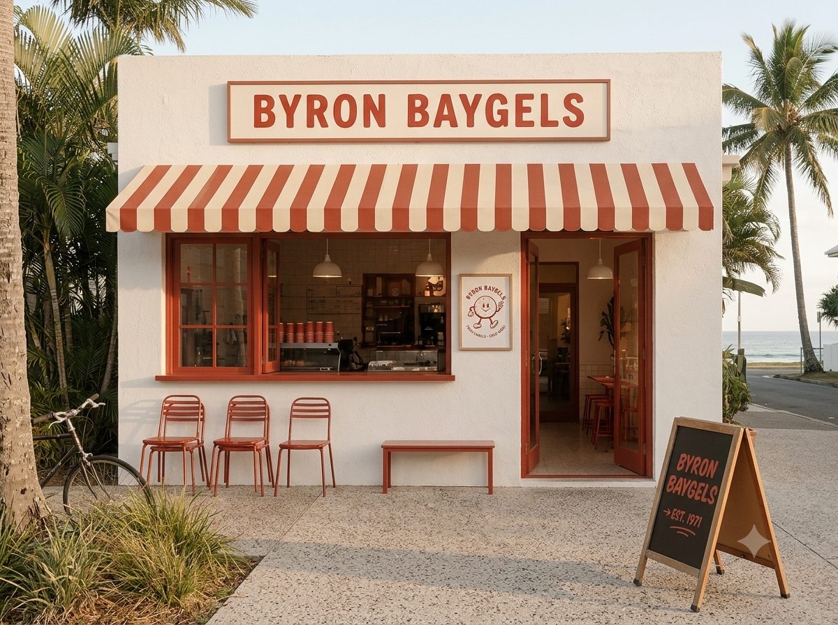 Byron Baygels storefront with red and white striped awning