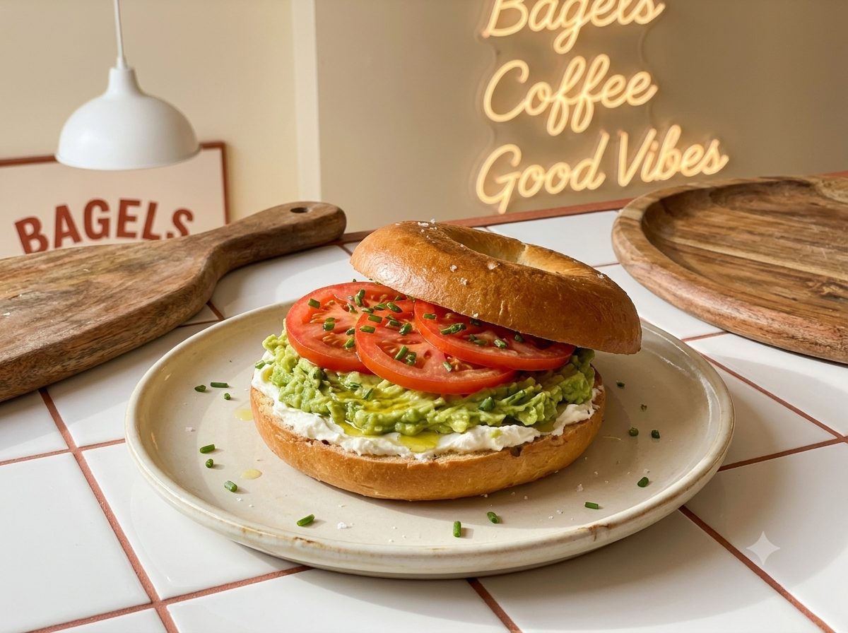 Classic avocado bagel with tomato and cream cheese