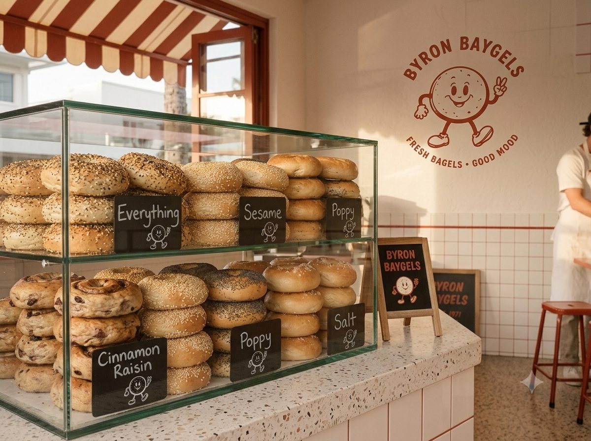 The bagel case at Byron Baygels stacked with fresh hand-rolled bagels