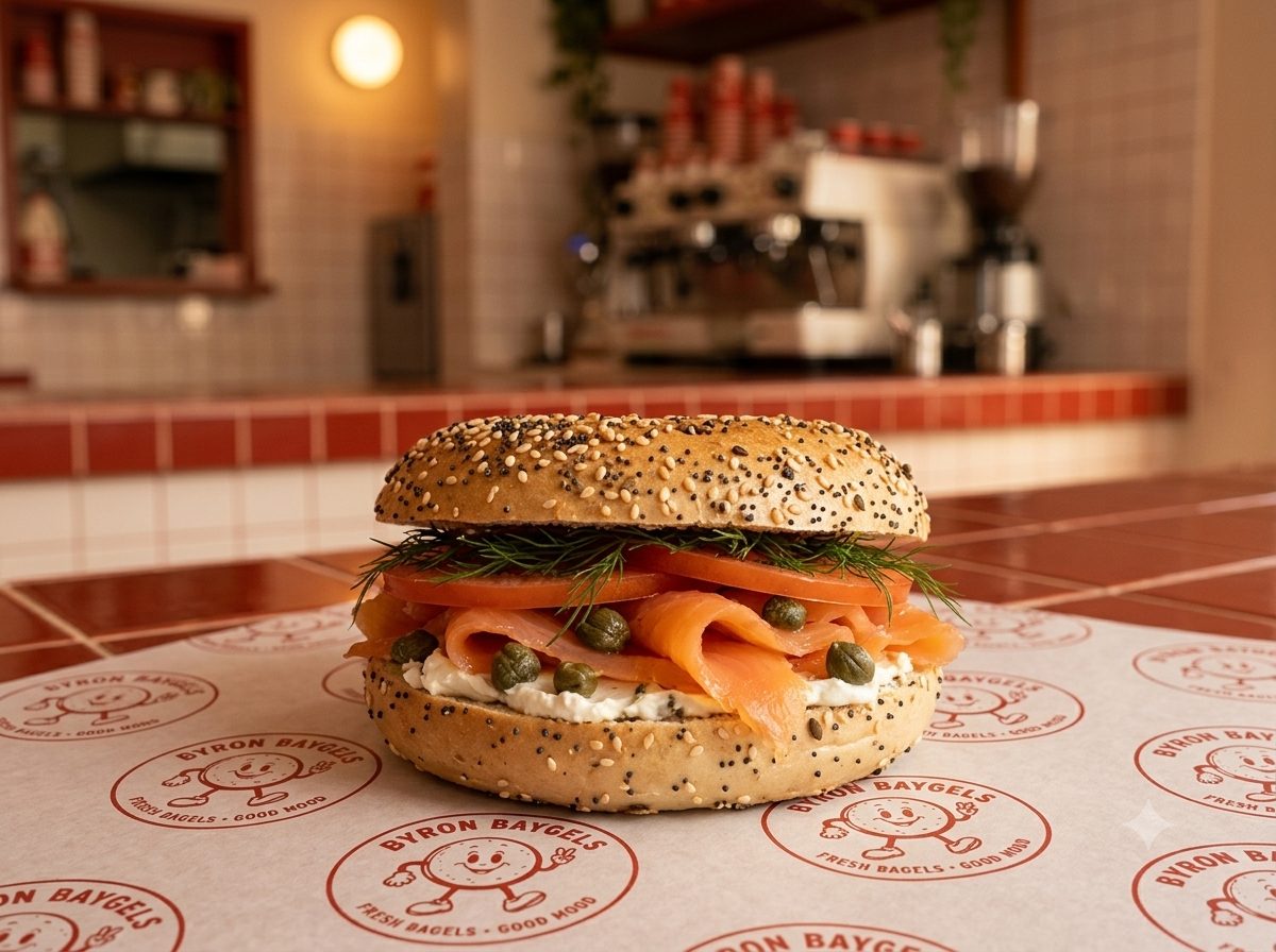 Smoked salmon bagel with capers, tomato and dill