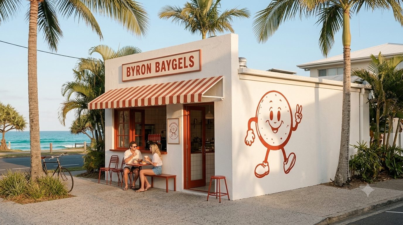 Outdoor tables under a striped umbrella by the beach