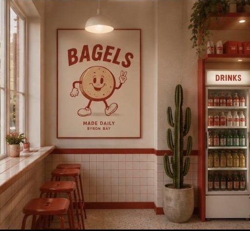 Retro café corner with drinks fridge