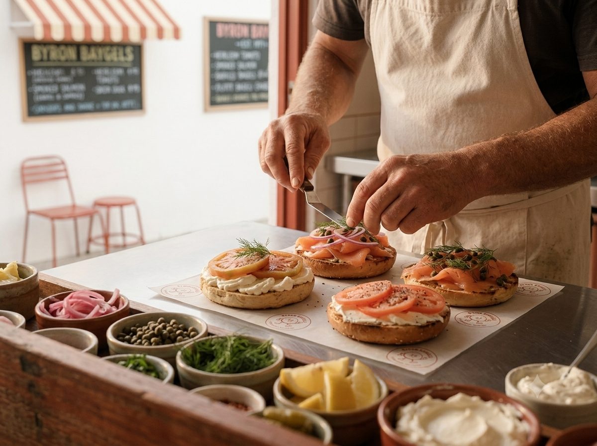 Hands preparing fresh bagels at the toppings bar